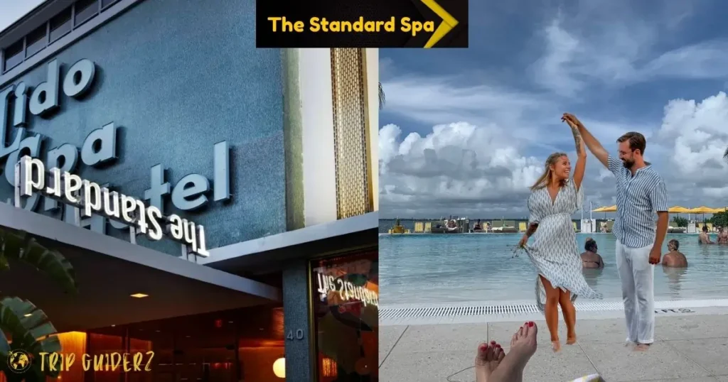 The Standard Spa building exterior and a couple dancing by the infinity pool, an ideal romantic and relaxing indoor activity in Miami