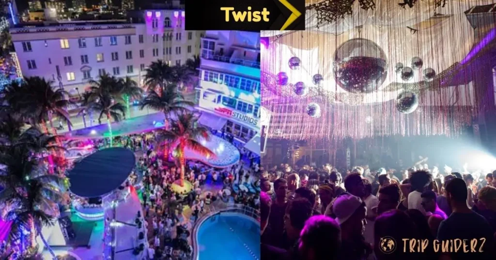 An aerial view of the exterior pool party and a crowded dance floor inside the Twist nightclub