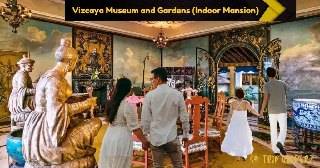 Visitors walking through the opulent and richly decorated interior of the Vizcaya Museum and Gardens mansion, a must-see historical indoor attraction in Miami