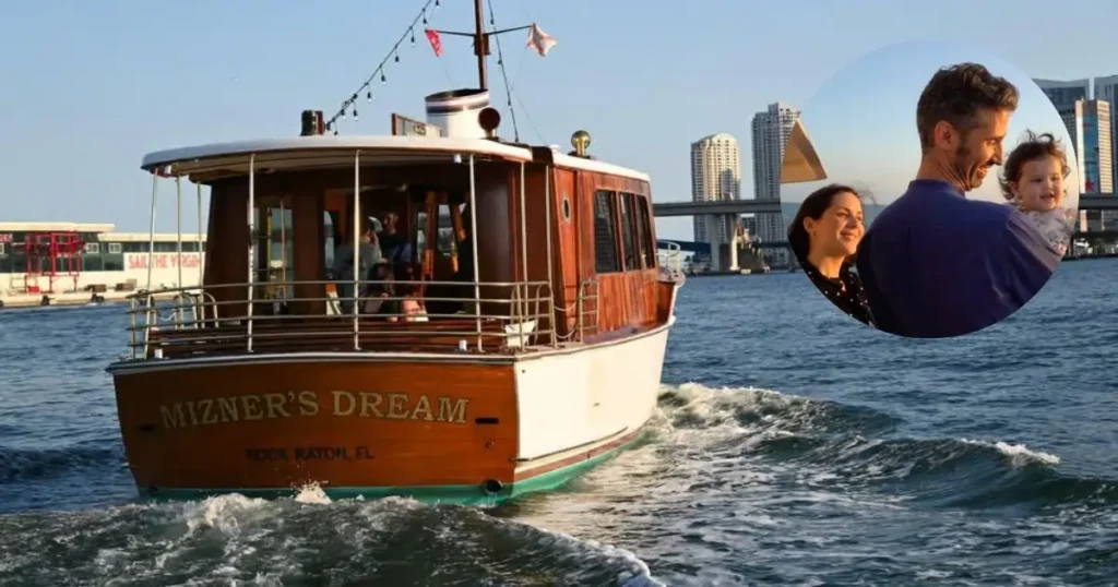 A classic wooden boat named 'Mizner's Dream' sailing on the water with a backdrop of the Miami skyline, and an inset photo of a family enjoying the cruise.