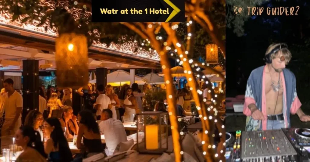 Partygoers and a DJ performing at Watr at the 1 Hotel rooftop bar and lounge
