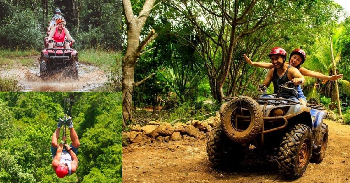 A collage of adventure activities in the Mayan jungle, featuring a couple happily riding a muddy ATV, a group of friends zip lining through the lush canopy, and another person navigating a water-filled trail on their ATV.