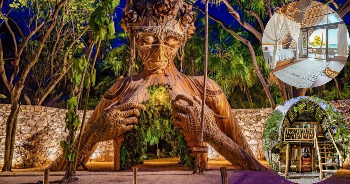 Ahau Tulum Hotel's iconic 'Ven a la Luz' wooden sculpture, featuring a woman with a glowing heart, surrounded by tropical plants, with a collage inset showing a modern suite and a rustic cabana