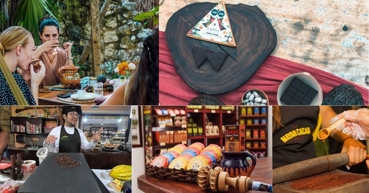 A collage of an artisanal Mayan chocolate tasting experience in Tulum, showing a group of people enjoying fresh cacao, a hand-made chocolate bar, and a close-up of a cup of traditional Mayan chocolate.