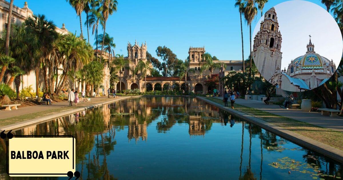 A scenic view of the lush gardens and iconic fountains within Balboa Park, a sprawling urban park and cultural hub in San Diego.