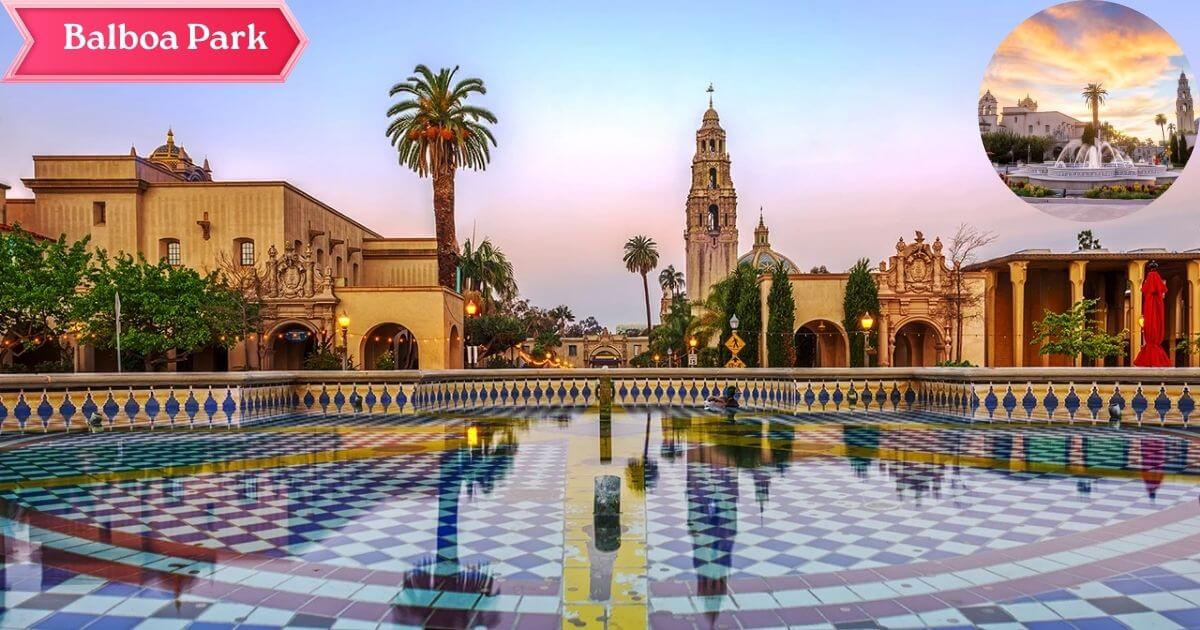The iconic Spanish Colonial Revival architecture and lush gardens of Balboa Park, a historic and cultural urban park in San Diego.