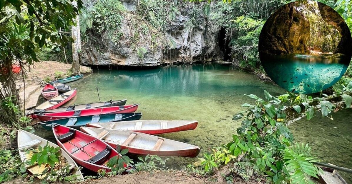A guided canoe tour inside Barton Creek Cave Reserve, with people paddling through a large, dark cave chamber.