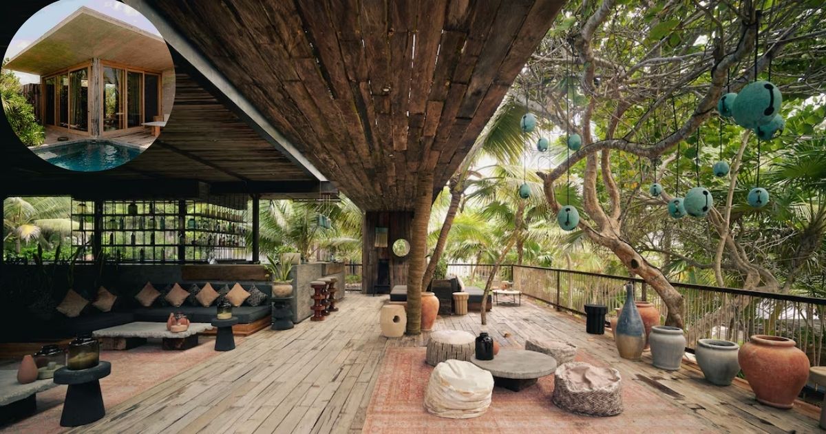 Be Tulum Hotel: Luxury eco-chic resort with bohemian design, featuring a secluded beachfront pool surrounded by palm trees and lush jungle foliage.