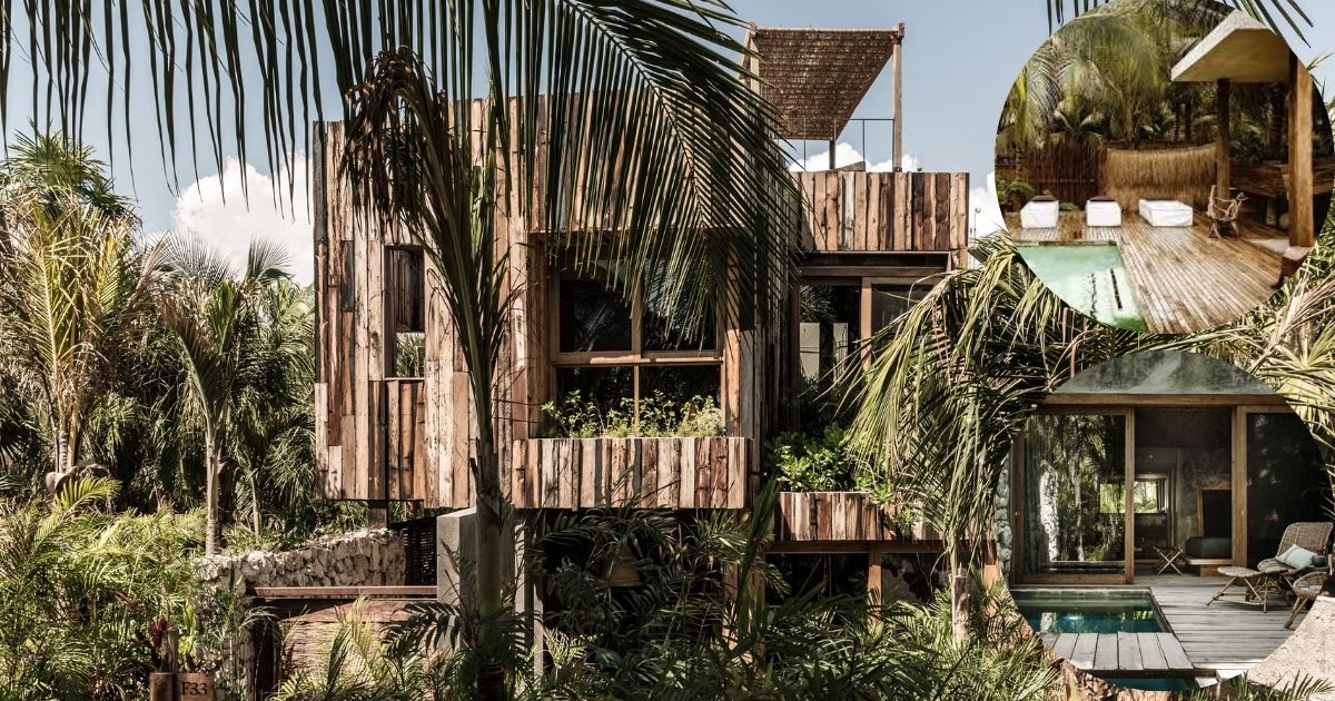 The luxurious, open-air common area at Be Tulum Hotel, showcasing its bohemian, eco-chic design with a natural wooden deck, a serene atmosphere, and a path leading to the beachfront