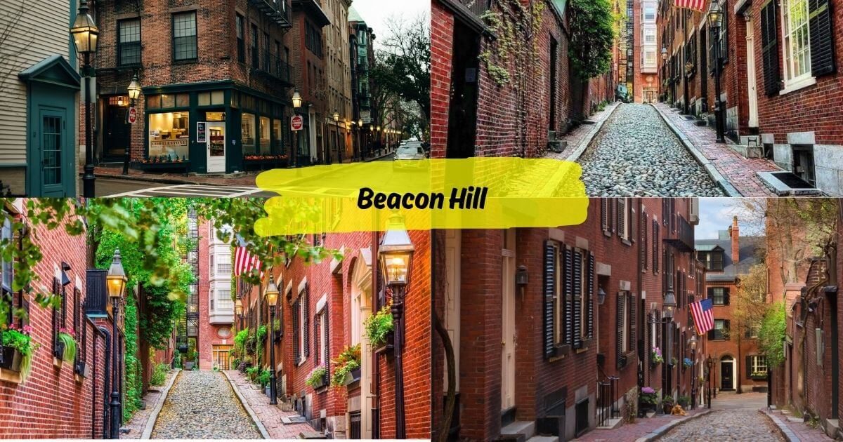 A collage of photos showing the charming streets of Beacon Hill, Boston, with historic red brick rowhouses, cobblestone alleys, and gas lamps.