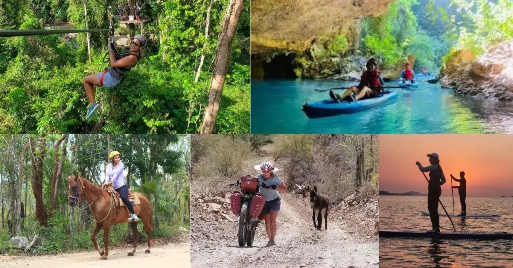A collage of thrilling adventure activities in Belize, including a person ziplining through a jungle canopy, another cave tubing down a river, and a group exploring an ancient Mayan ruin.