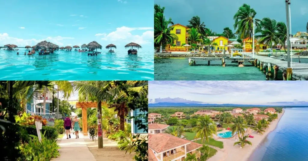 A collage of beautiful beaches and islands in Belize, featuring a vibrant, colorful house on a tropical island, a pier over crystal-clear blue water, and a wide sandy beach with palm trees.