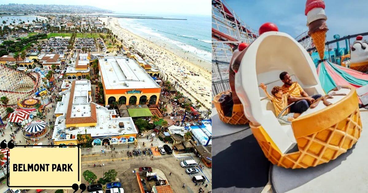 Visitors enjoying the rides and games at Belmont Park, a classic beachfront amusement park located in San Diego's Mission Beach.