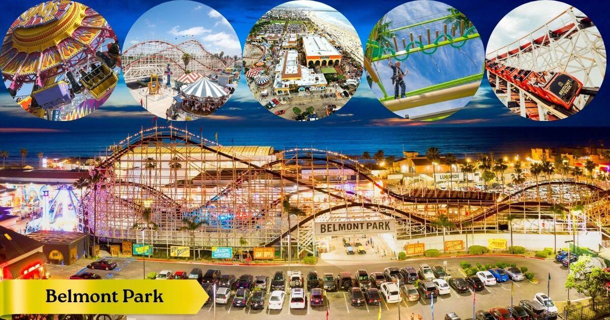 The iconic Giant Dipper roller coaster at Belmont Park, a historic beachside amusement park in San Diego, California