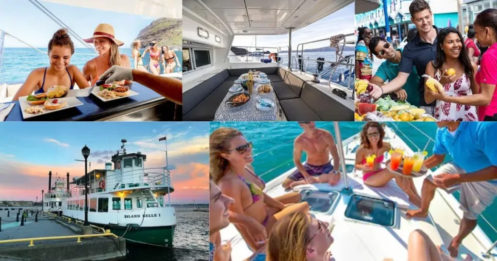 A collage of five images from St. Thomas food and drink tours. The images show: a group enjoying food on a boat, a dining table on a boat deck, people trying fresh produce at an outdoor market, a ferry boat docked at a pier at sunset, and people relaxing on a boat while enjoying drinks.