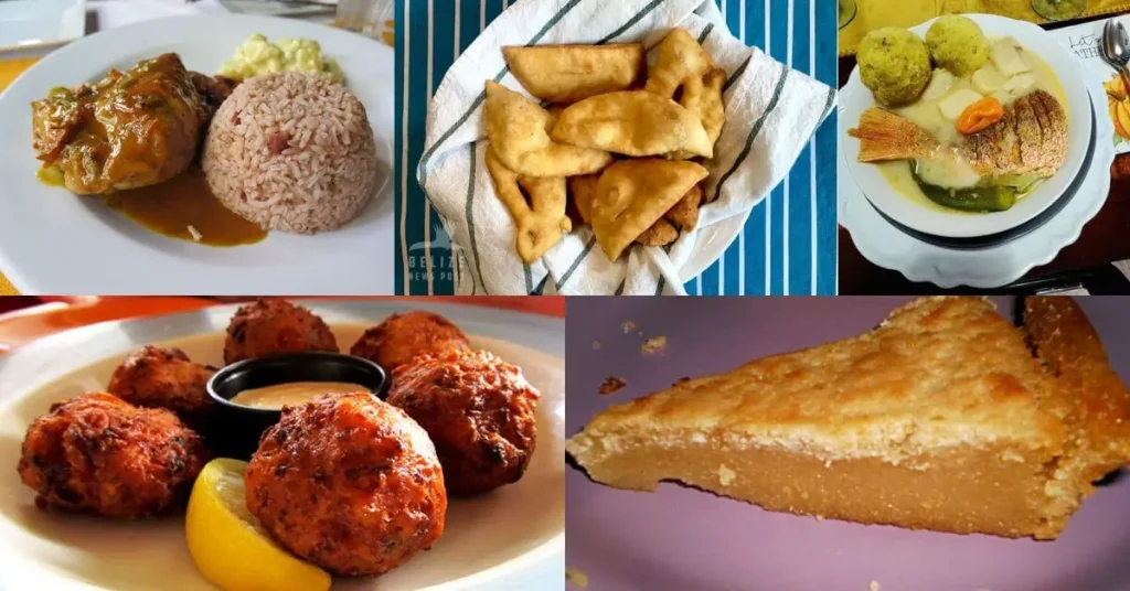 A collage of delicious local Belizean food, including a plate of rice, beans, and meat, a fresh ceviche dish, and a tropical juice drink.