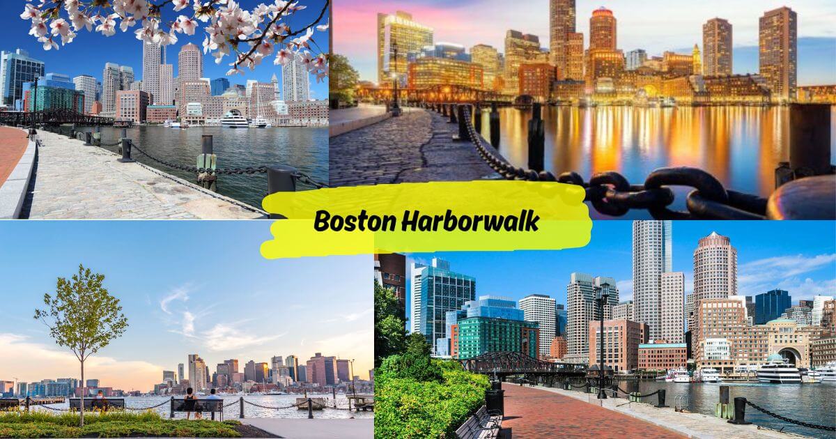 A collage of photos showing the Boston Harborwalk with people strolling along the waterfront, views of the city skyline, and blooming cherry trees.