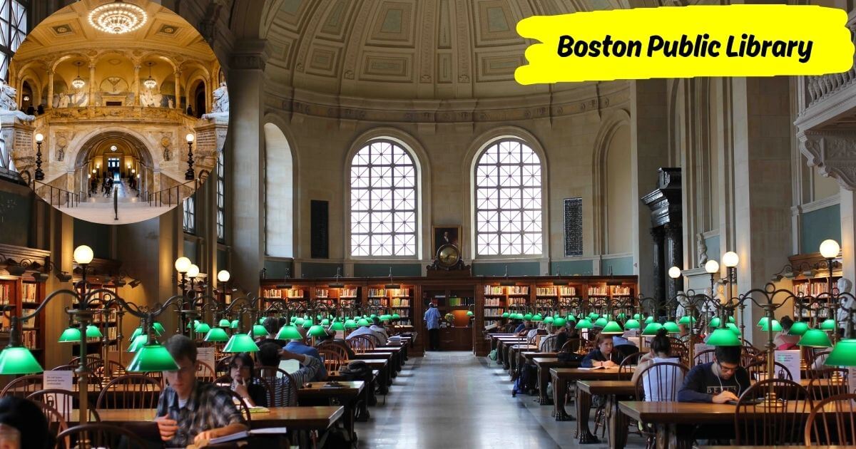 The grand reading room inside the Boston Public Library with a high, arched ceiling, long wooden tables with green lamps, and an inset showing a decorative hallway.