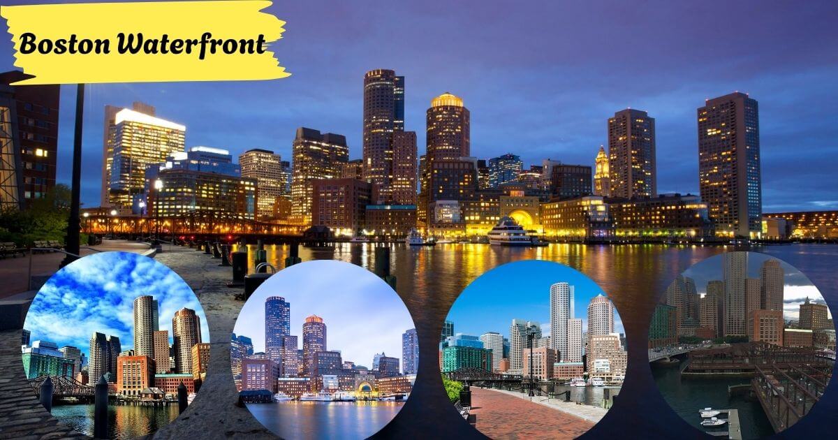 A vibrant night skyline of the Boston Waterfront with illuminated skyscrapers reflecting in the water, including circular insets of the cityscape.