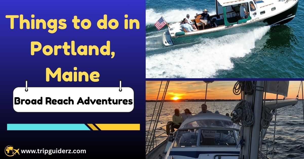A group of people enjoying a scenic sailing adventure with Broad Reach Adventures in Casco Bay, Portland, Maine.