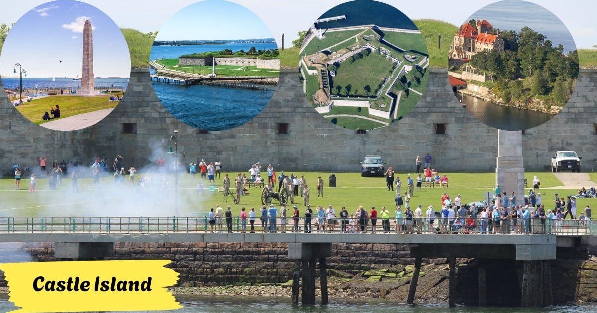Overview of Castle Island with Fort Independence, showing a cannon firing demonstration and insets of the fort's structure, a harbor walk, and a monument.