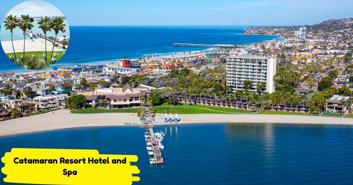 Aerial view of the Catamaran Resort Hotel and Spa in San Diego, situated on the beach of Mission Bay. The image showcases the resort's expansive property, private docks with boats, and its proximity to the Pacific Ocean. The inset highlights the resort's private sandy beach with palm trees.