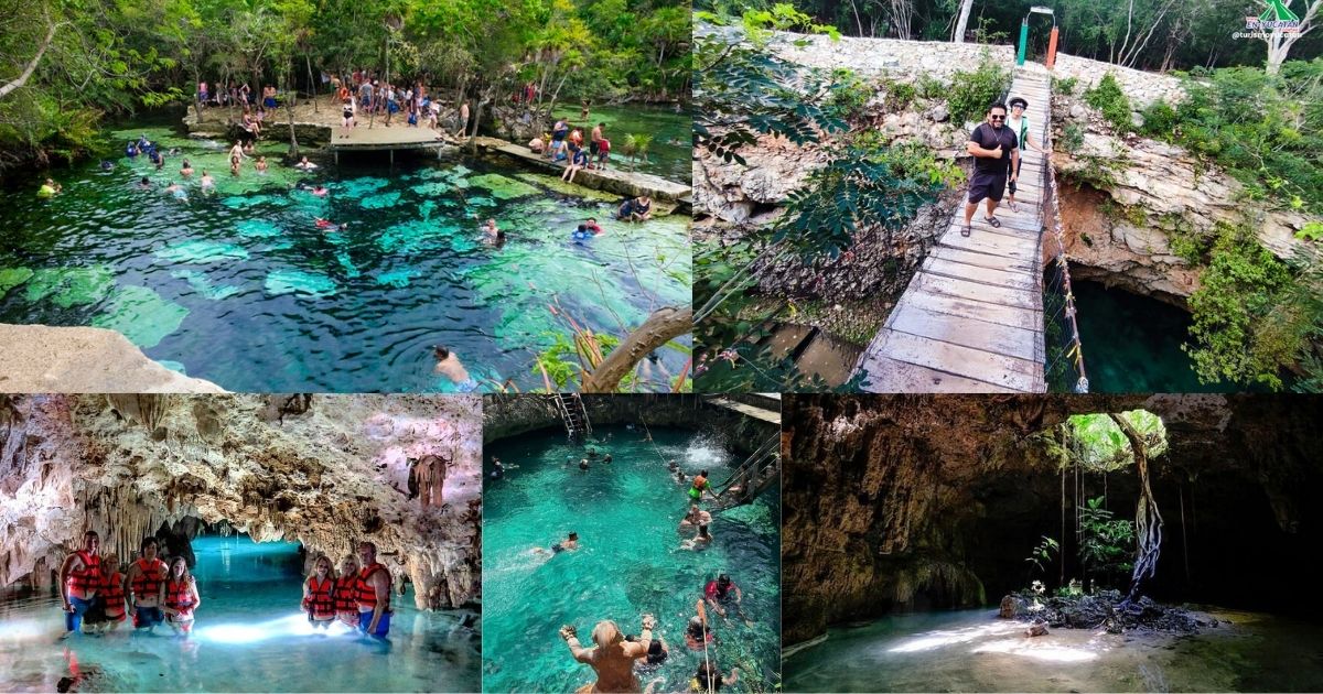 An aerial view of Cenote Santa Cruz in Tulum, with a small group of people swimming in the stunning turquoise-blue waters of the natural pool, surrounded by lush jungle and cenote cliff walls
