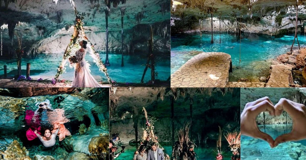 People swimming in the stunning, crystal-clear blue waters of Cenote Taak Bi Ha, with a collage inset showing the unique underwater rock formations and a view of the cave's natural skylight.