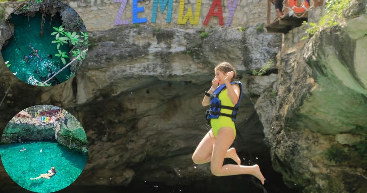 A collage of a cenote triple adventure tour in Tulum, showing people swimming in a clear jungle cenote, rappelling into a cave, and zip-lining over the water, highlighting a full day of thrilling activities.