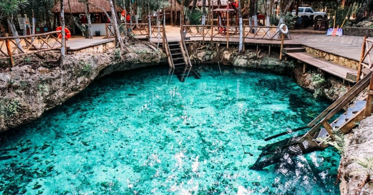 A collage of Cenote Zacil-Ha, featuring a person swimming in the cenote's clear water, a group of people relaxing in hammocks, and a person posing on a wooden platform over the water.