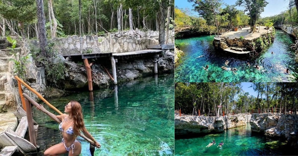A collage of Cenotes Casa Tortuga, featuring a woman on a wooden dock by a clear green cenote, and aerial views of the lush, interconnected cenotes with tourists swimming in the pristine blue waters.