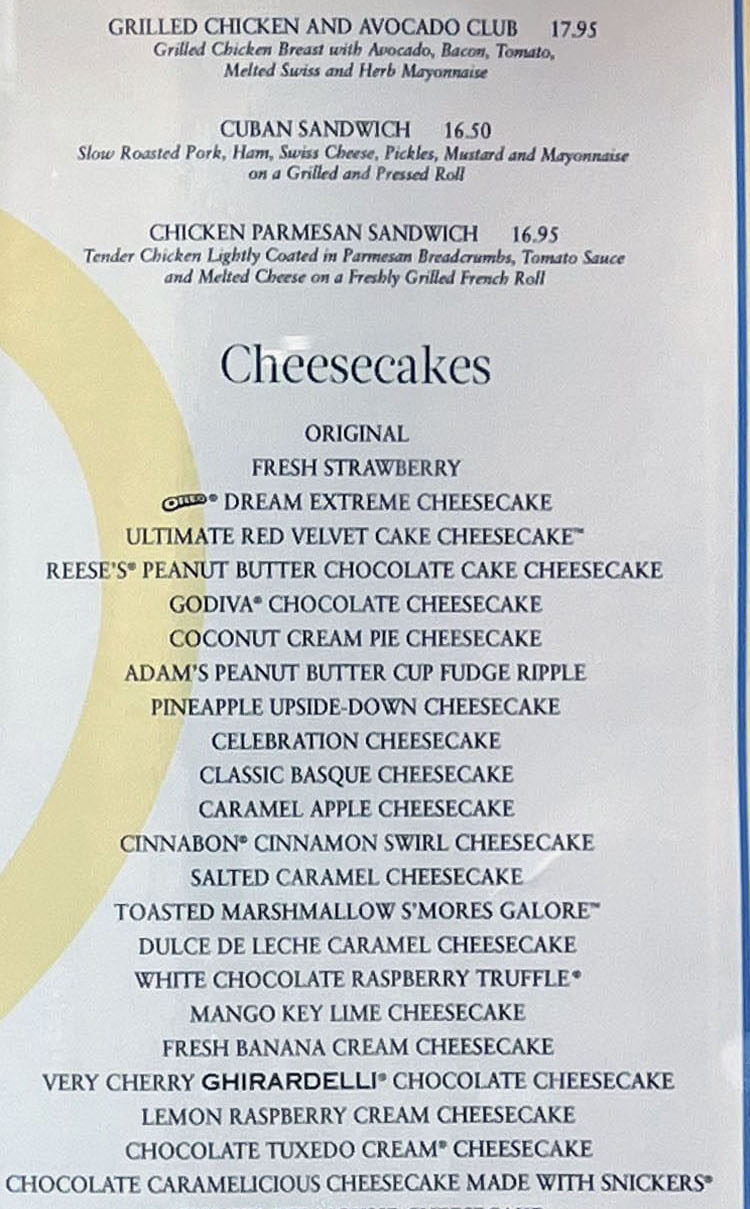 Cheesecake Factory menu sandwiches cheesecake brunch 1