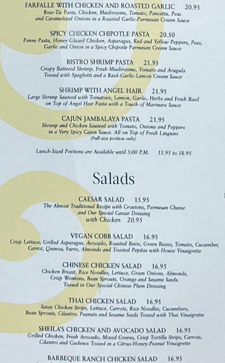 Cheesecake Factory menu seafood steaks pasta salads 2
