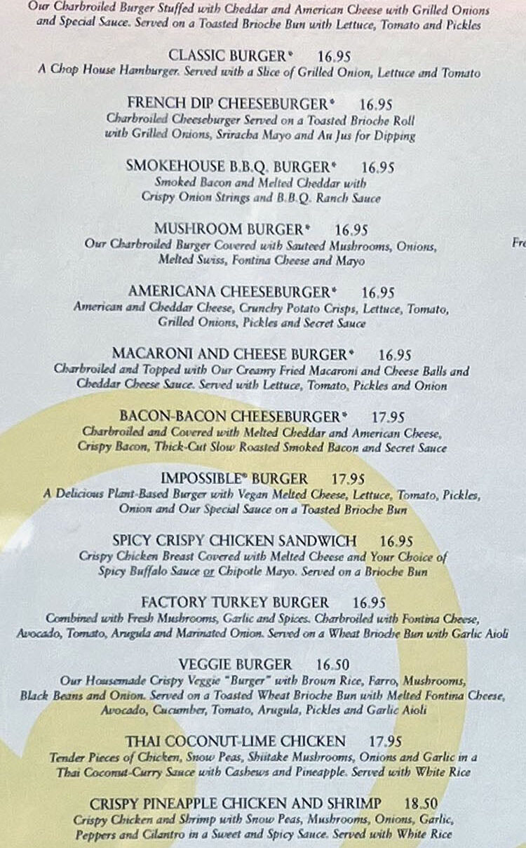 Cheesecake Factory menu specialties