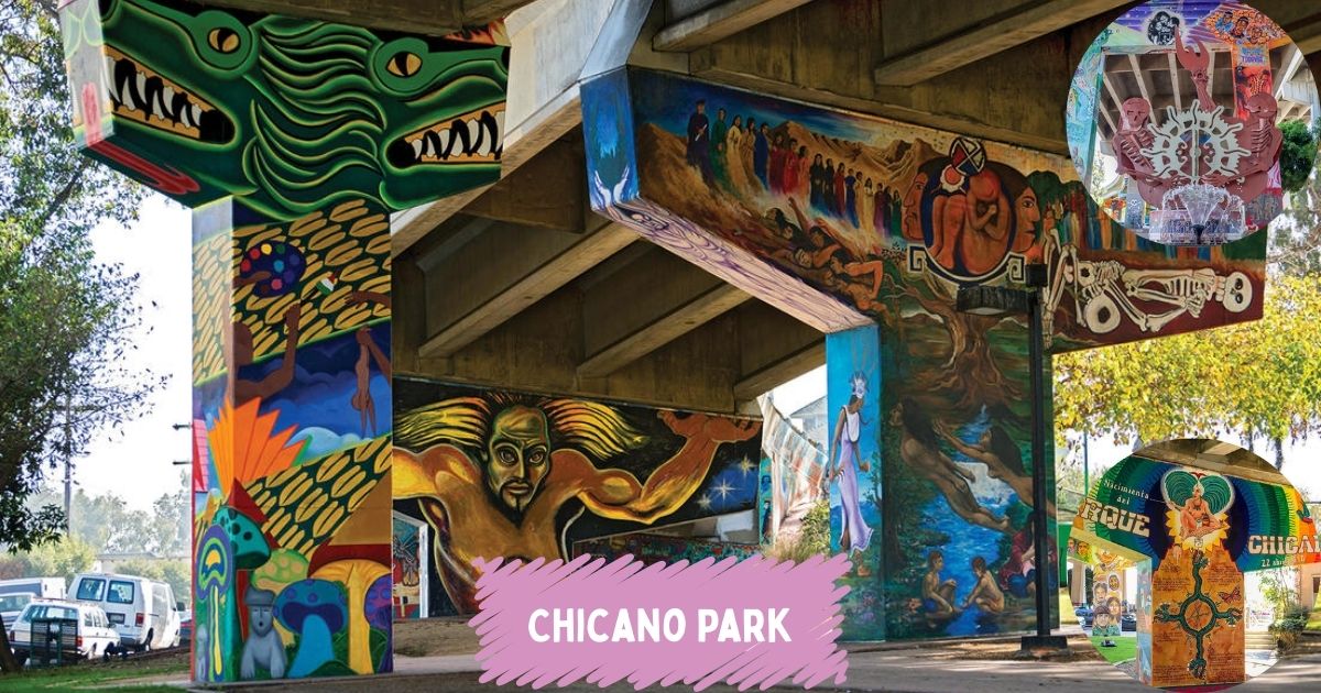 Vibrant murals painted on the pillars of the Coronado Bridge at Chicano Park, a historic and culturally significant public art space in San Diego.
