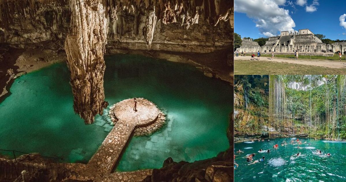 A collage of the Chichen Itza Classic Tour, with a magnificent view of the ancient Mayan pyramid El Castillo, and two beautiful views of Cenote Saamal with its natural pools and cascading waterfalls.