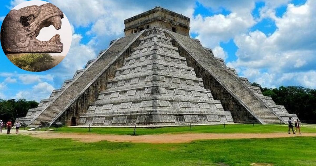 The ancient Mayan pyramid of El Castillo at Chichen Itza, a UNESCO World Heritage site and one of the New Seven Wonders of the World, with a collage inset of a Mayan serpent head carving