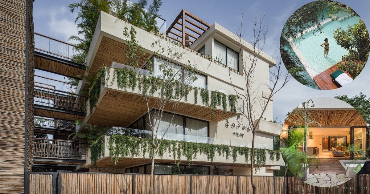 The modern, jungle-inspired architecture of Copal Tulum Hotel, with lush plants growing on the facade, a rooftop pool, and an elegant suite.