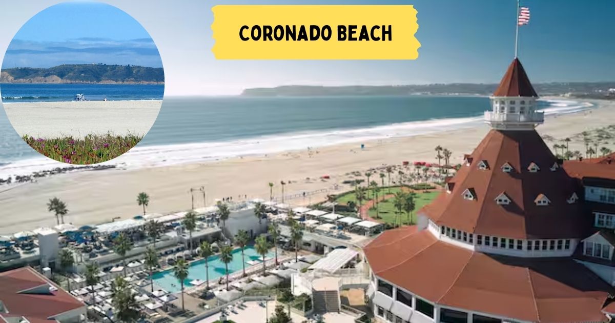 A wide, sandy beach with gentle waves and the iconic Hotel del Coronado in the distance, a classic view of Coronado Beach in San Diego.