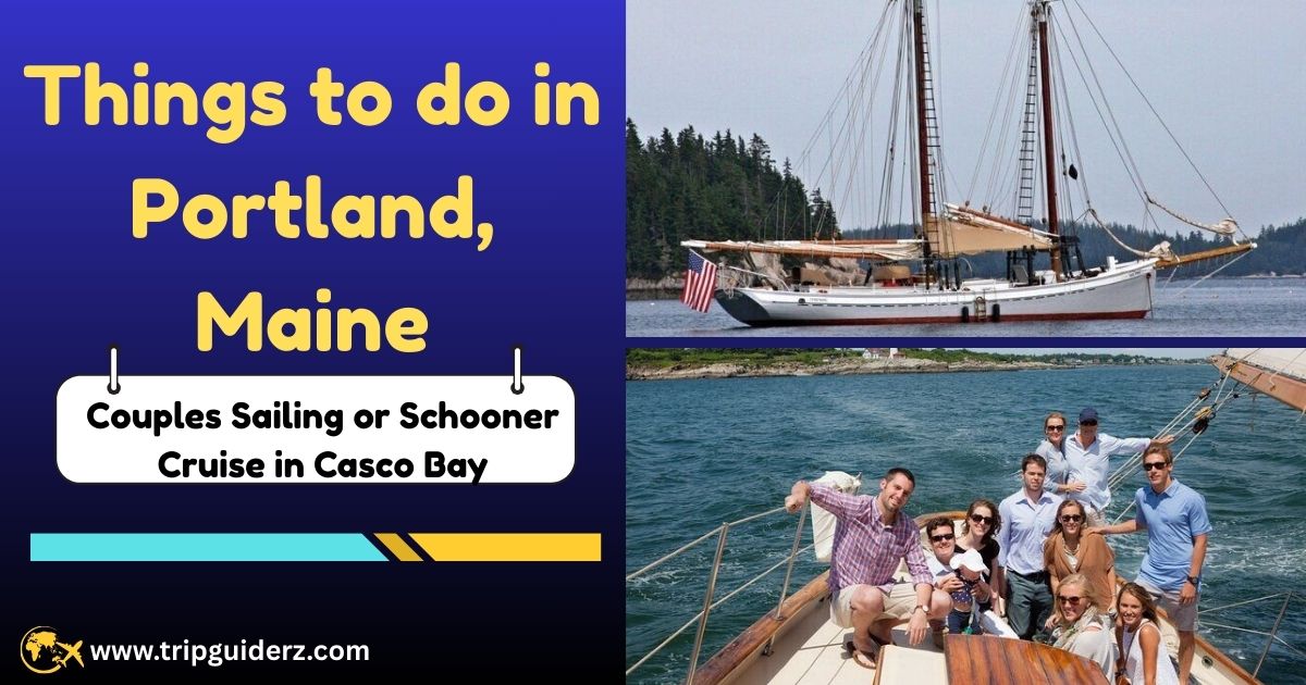 A couple sailing on a schooner in Casco Bay, a romantic and scenic cruise experience in Portland, Maine.