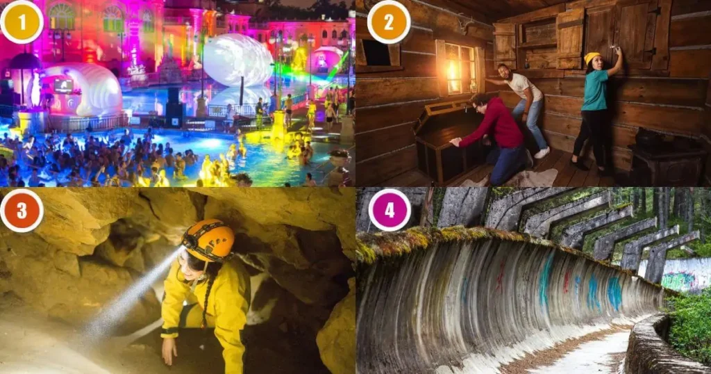 A collage of three images showing unique activities in Budapest. The images show: a woman receiving a "beer spa" treatment with her feet in a wooden tub, a group of people enjoying a party on a boat with music, and a group of friends dressed in bathrobes sitting in a steamy thermal bath.