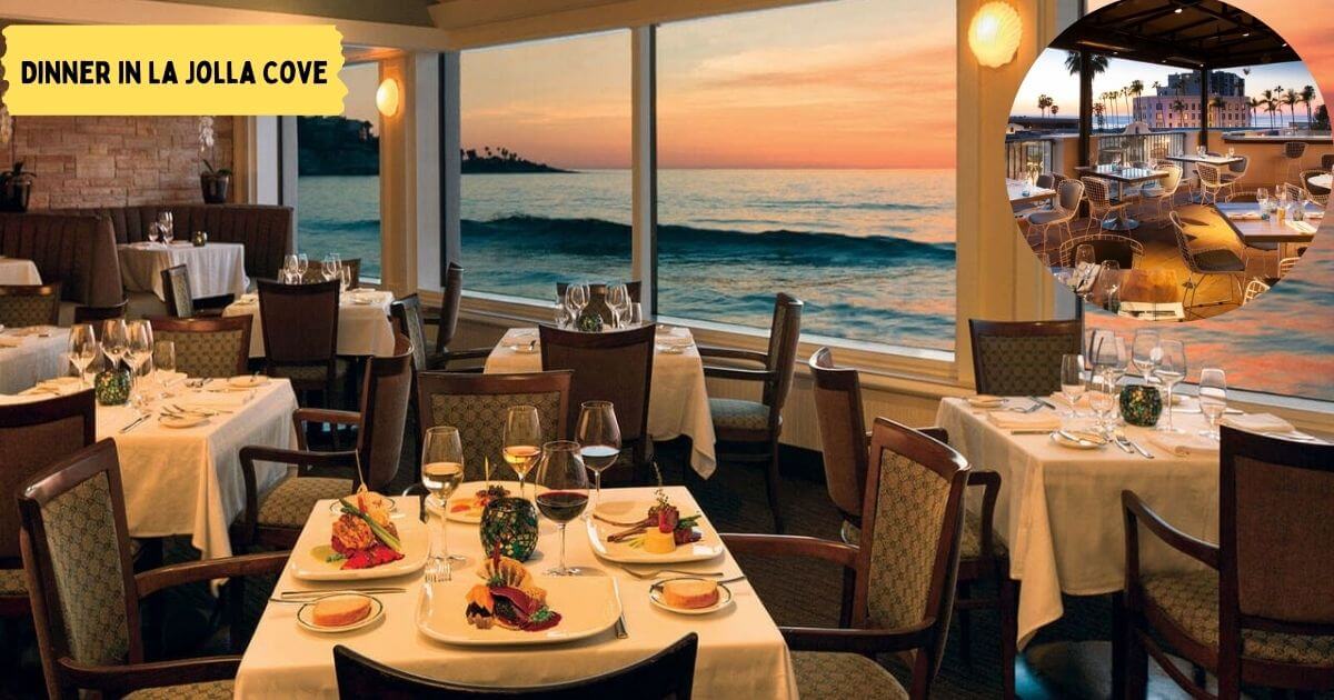 A couple enjoying a romantic dinner with a scenic ocean view at a restaurant in La Jolla Cove, San Diego.