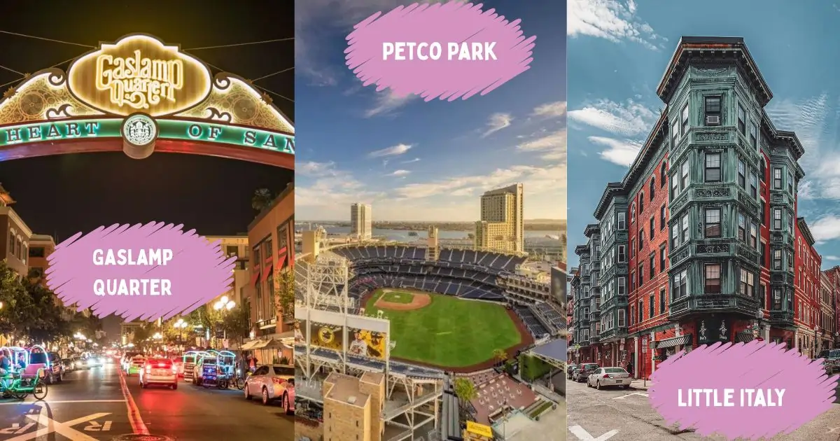 The modern skyline of downtown San Diego, with towering buildings and a lively urban atmosphere.