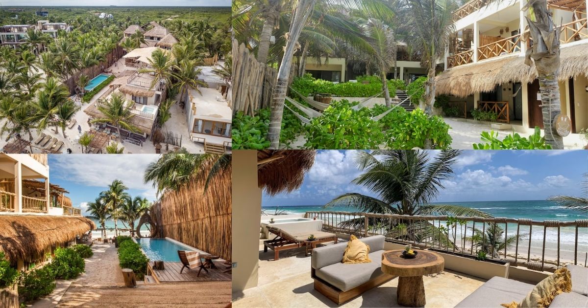 A collage of Dune Boutique Hotel Tulum, with an aerial view of the resort among the jungle, a beach path with a small pool, and a private balcony overlooking the ocean