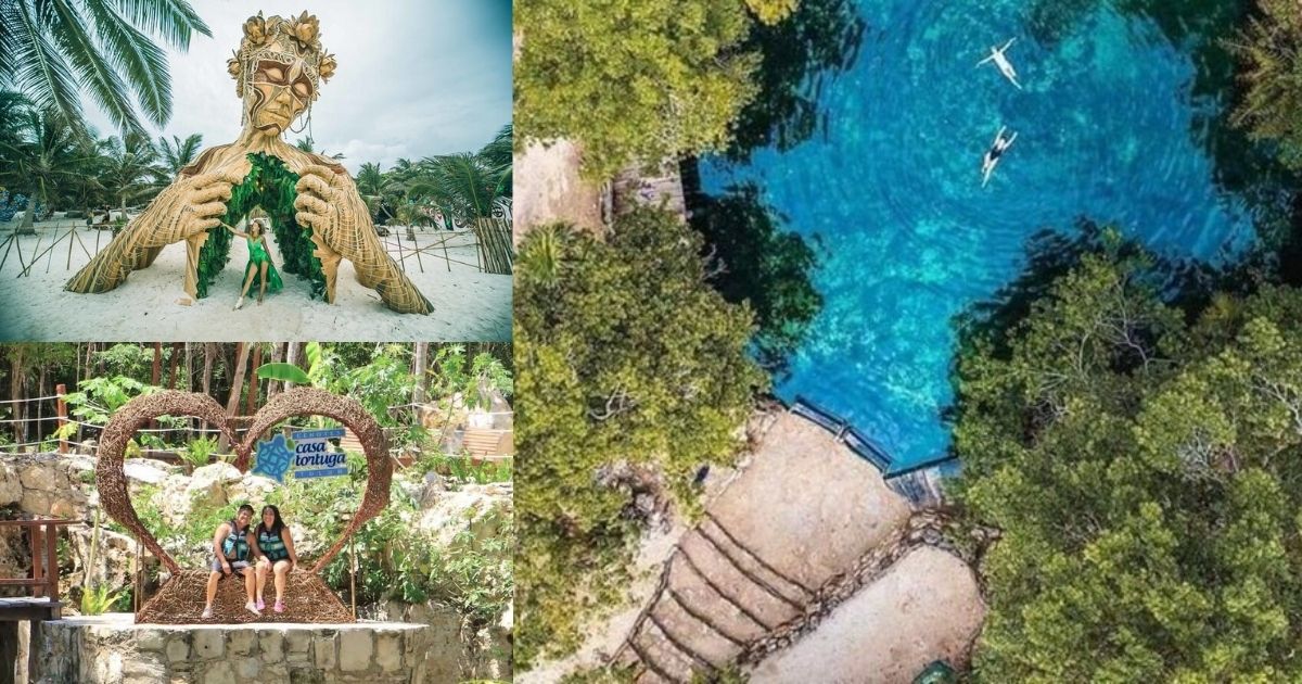 A collage of eco-tourism experiences in Tulum, featuring the 'Ven a la Luz' nature sculpture, the 'Casa Tortuga' sign with a couple, and a stunning aerial view of a cenote with people swimming in the clear blue water