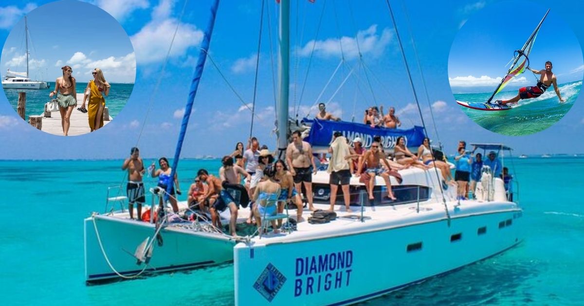 A collage of an exclusive sailing tour to Isla Mujeres, showing a large catamaran on the turquoise ocean, people snorkeling, and a view of the island's coastline, highlighting a top-rated luxury tour.