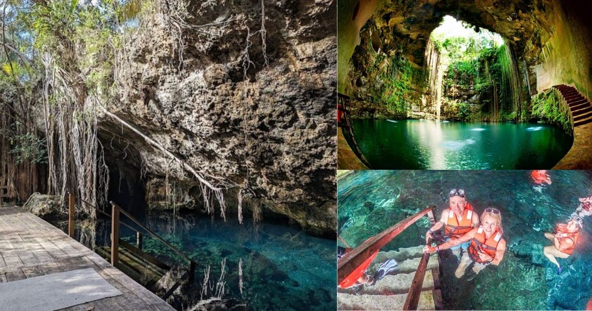 A collage of a cenote and sea turtle tour, with a person swimming in a mysterious cenote cave with a headlamp and another person snorkeling in the ocean with a large sea turtle.