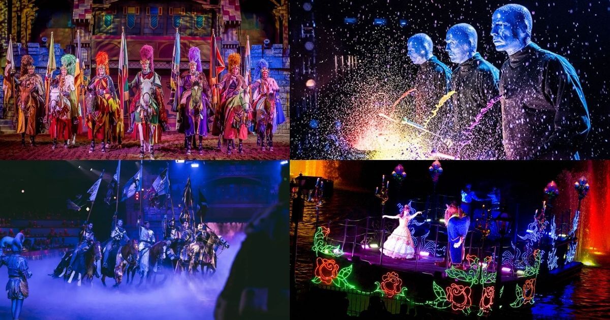A colorful, high-energy stage performance with acrobatic performers and dancers in vibrant costumes. An inset shows a family, including a child, watching a show.