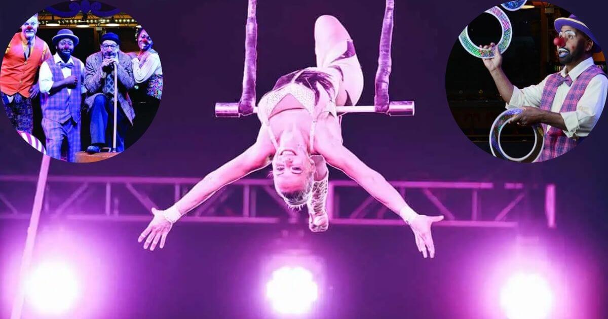 A family watching a free circus act at Circus Circus, with a performer balancing on a rope high above the crowd.