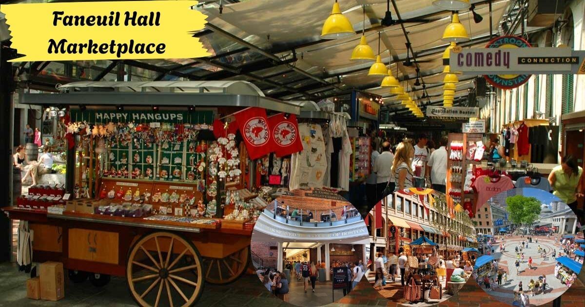 A bustling scene inside Faneuil Hall Marketplace, with vendor carts selling souvenirs, people browsing, and historical architecture.